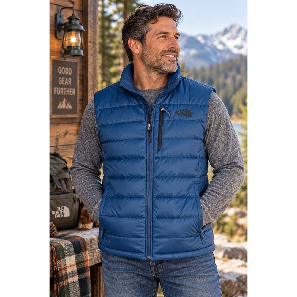 The North Face Men's L Blue 550 Fill Down Puffer Vest Full Zip Chest Pocket
